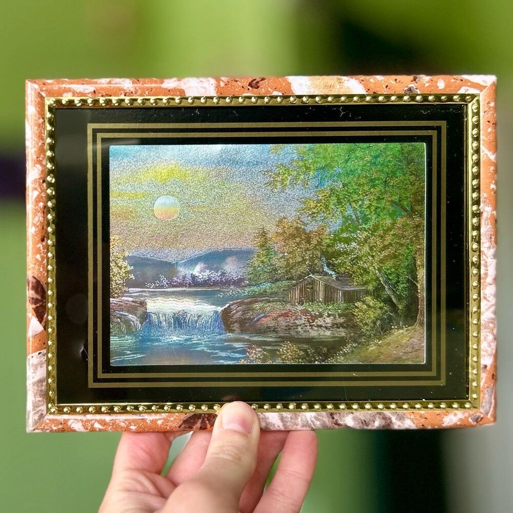 VTG Cabin Iridescent Waterfall Nature Framed Vibrant Wall Sign Art